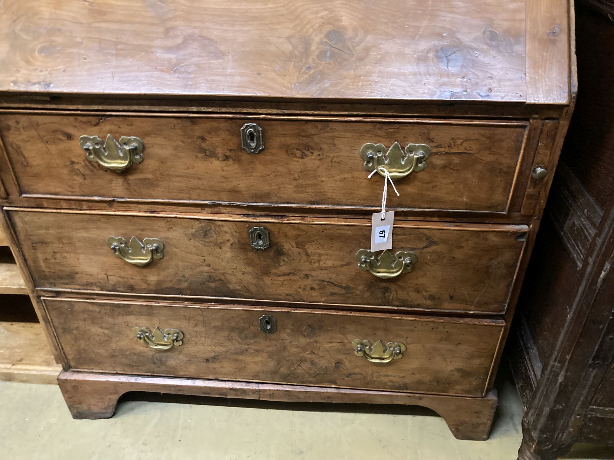 A George III provincial yew wood bureau, width 89cm, depth 48cm, height 101cm